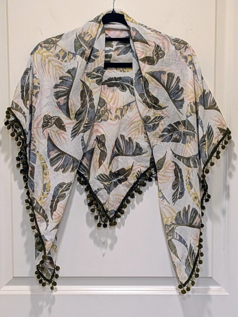 NWOT Semi-Sheer 40"x40" Tropical Leaf Print Summer Scarf with Green Pompom Trim